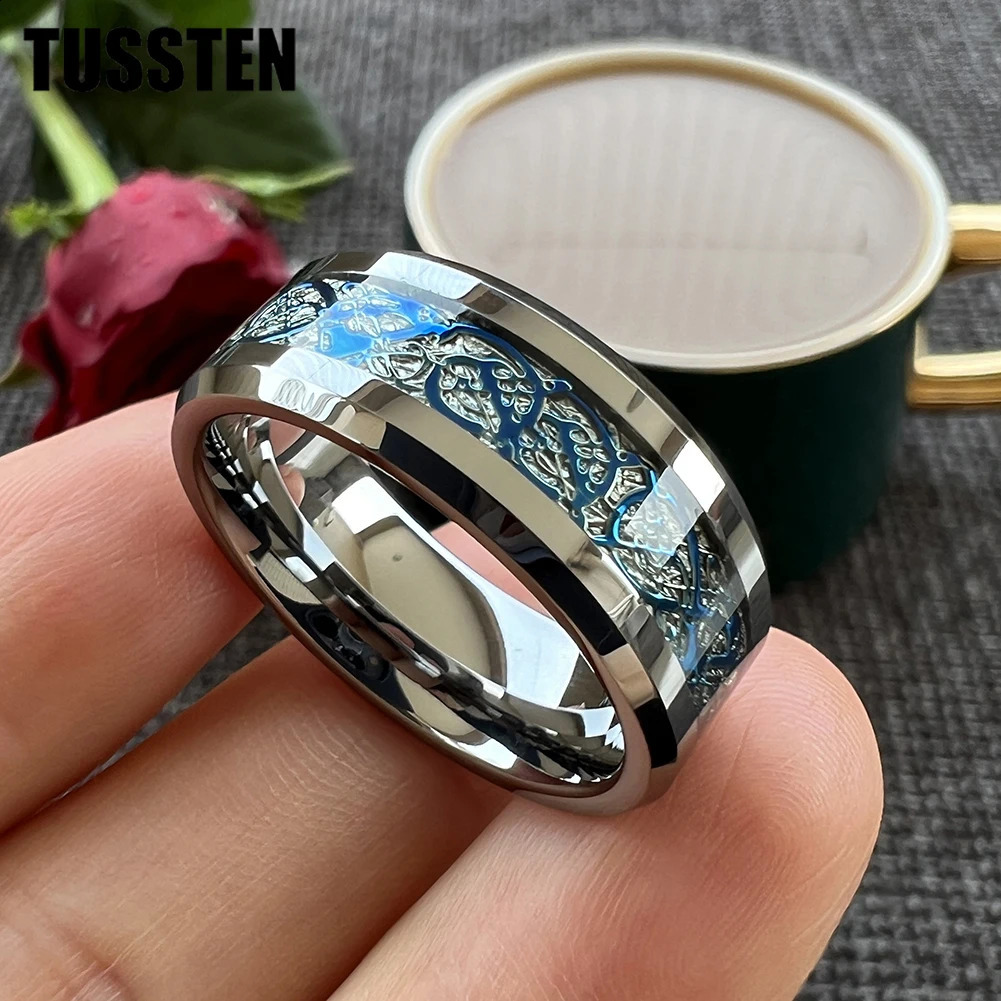 Drop TUSSTEN 8MM Dragon Ring Tungsten Wedding Ring Mens and Womens Diagonal Polishing Edge Classic Jewelry 240905