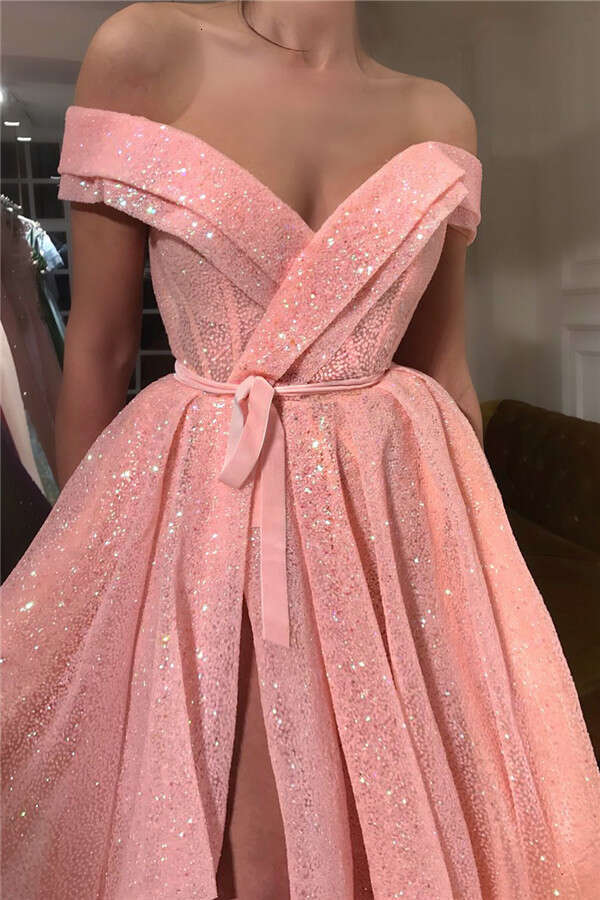 Peach Pink Sparkle Tulle Prom Dresses Sequined Off Shoulder Sexy Fashion Evening Gowns 2024 Front Slit Long Party Dress 0218