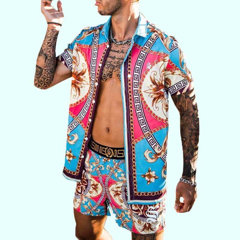 2024 Men Tracksuits Summer Shirts+Shorts Men Clothing Color Stitching Print Shirt Suit Casual Loose Shorts Beach Short Sleeve Set Bohemian blouse shor
