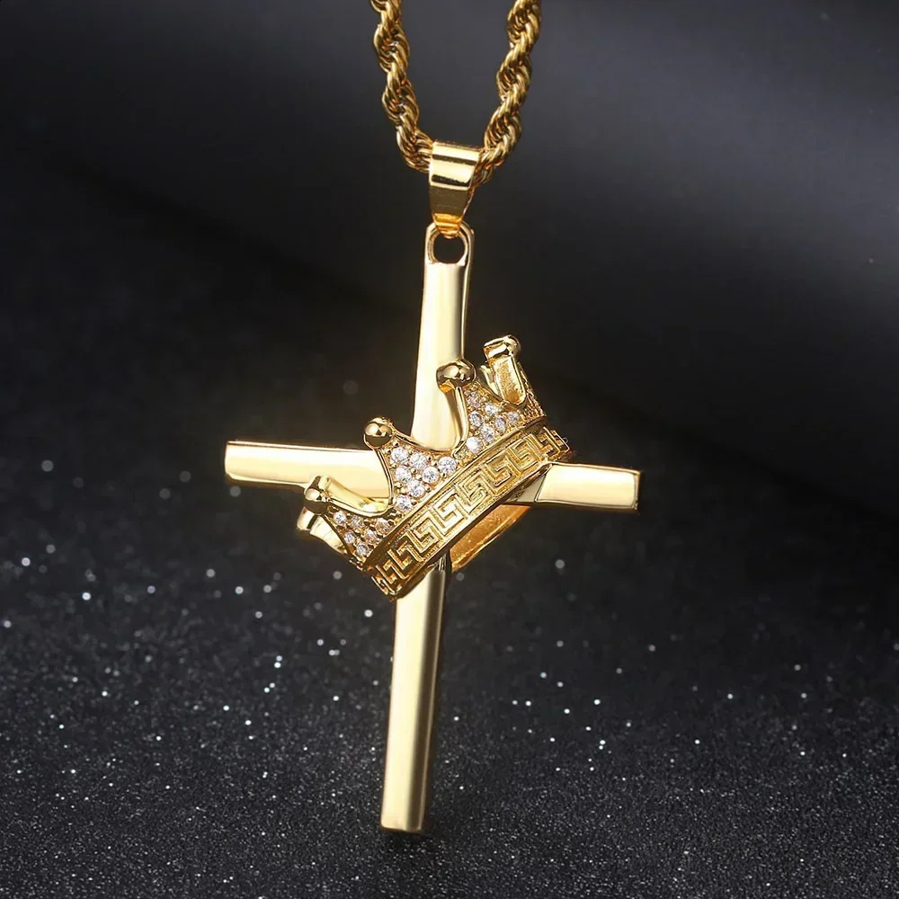 Y2K Hip-hop Cross Men Women Stainless Steel Fashion Gold Crown Zircon Pendant Light Necklace Jewelry Gift 240902