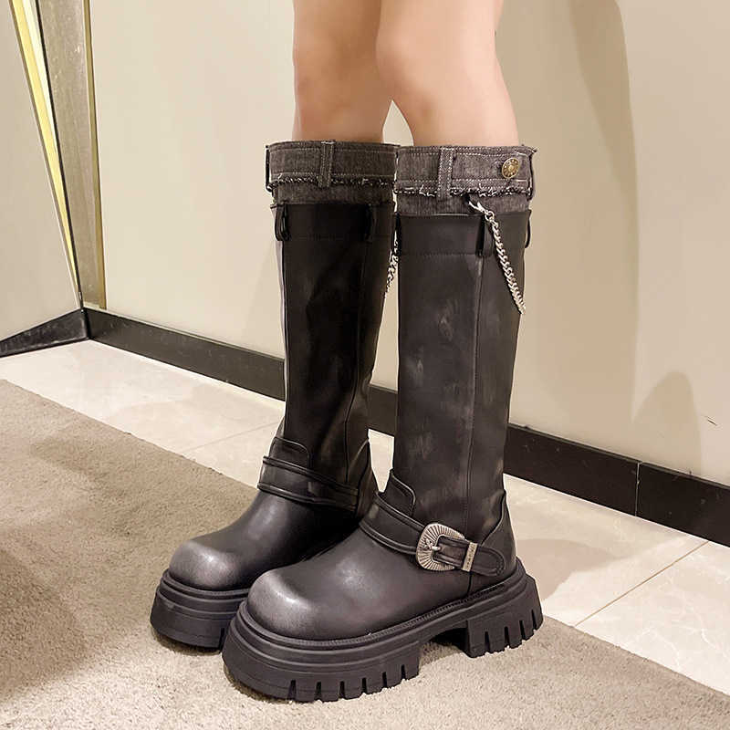 Brown Knee Thick Martin Boots Soled Women Boots Leather Long Fashion Boots Autumn Model Slim Tall Knight Boots 240826