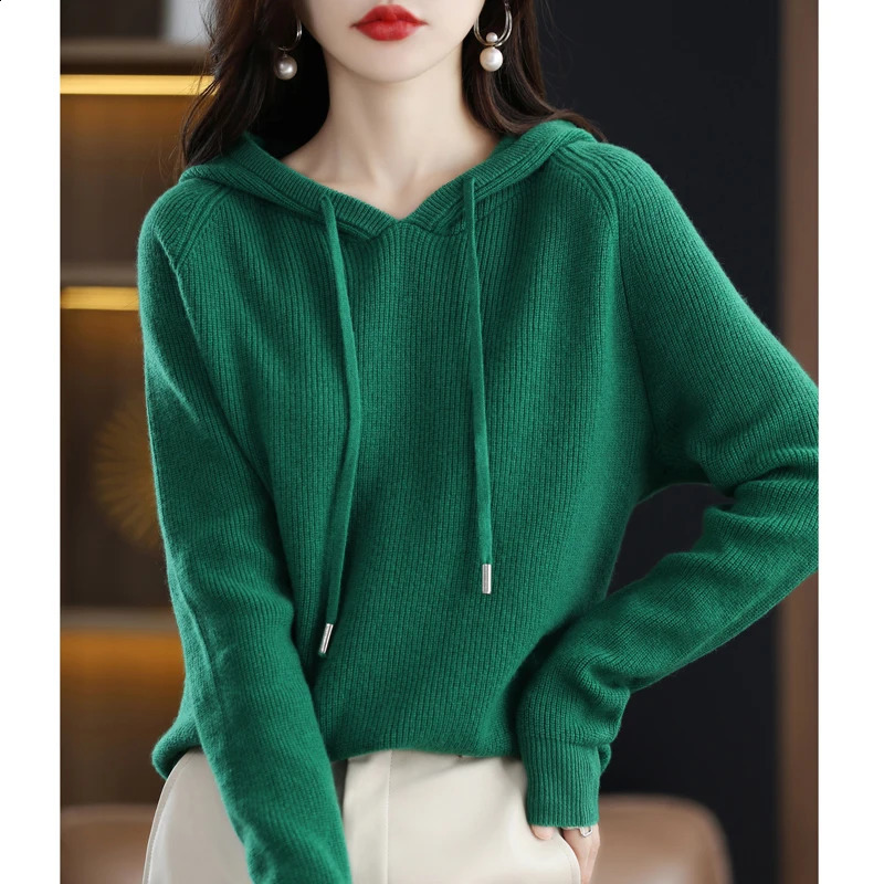 High quality cashmere hooded sweater for women loose knitted thick 240905