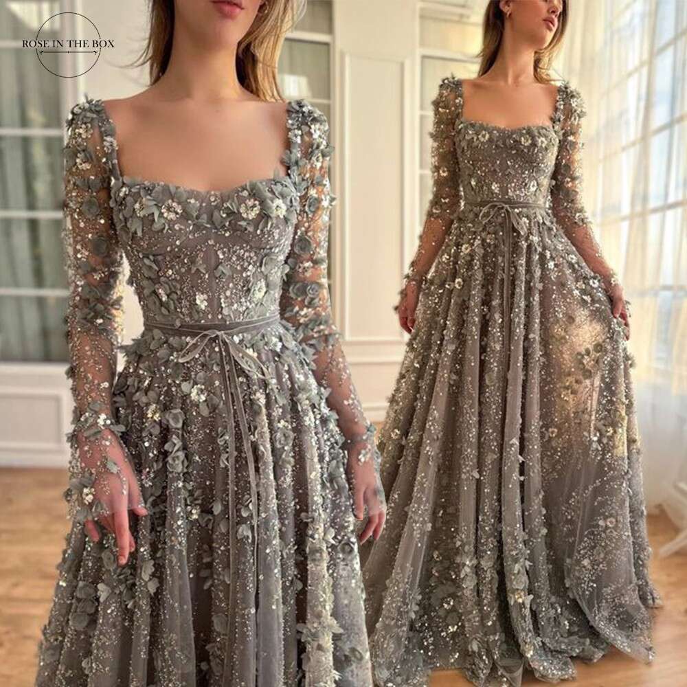3D wer Gray Long Sleeves Evening Dresses for Women Party Elegant Beaded A-e Formal Prom Maxi Gowns Gala