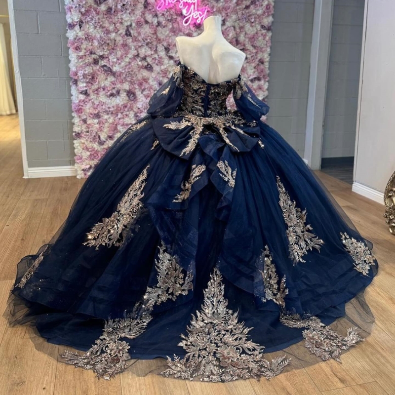Navy Blue Shiny Quinceanera Dress Ball Gown Off Shoulder Gold Lace Applique Beading Bow Corset Sweet 16 Dress Vestidos De 15