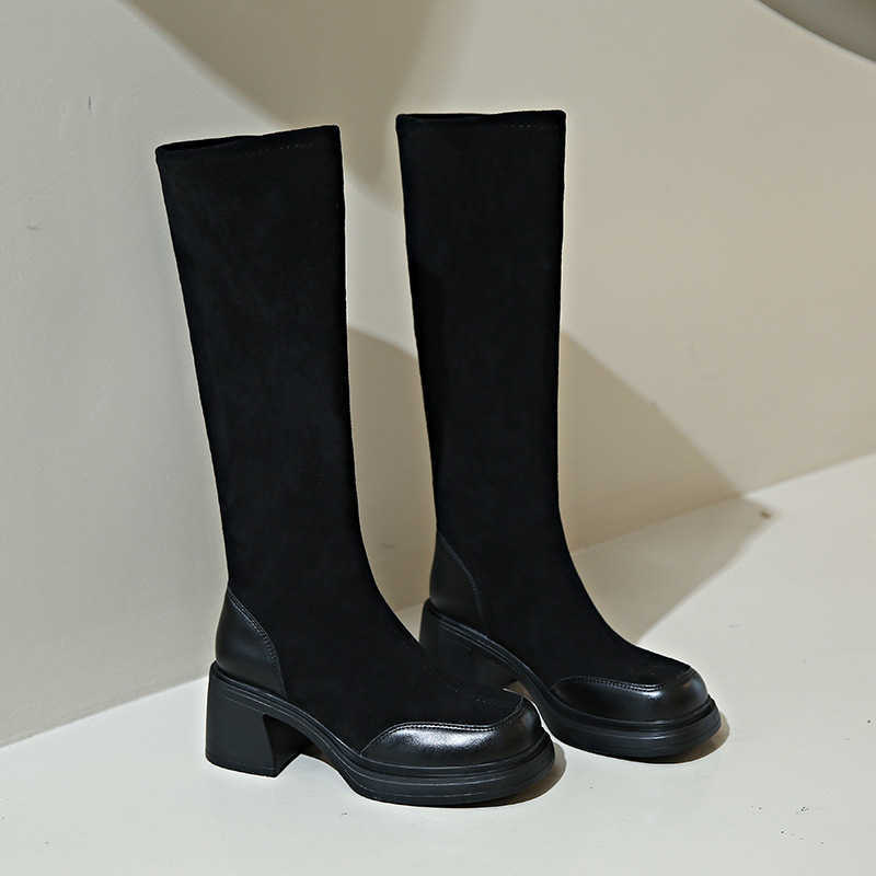Thick Soled Long Tube Slim Martin Boots For Women Autumn New Style Fashion Boots Thick Heel High Tube Boots Look Slim Suede Elastic Long Tube Boots 24