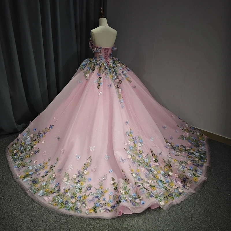 Pink Sweetheart Quinceanera Dresses Party Ball Gown Off The Shoulder 3D Applique Bow Beads Princess For Sweet 16 Year Vestido De 15 Anos