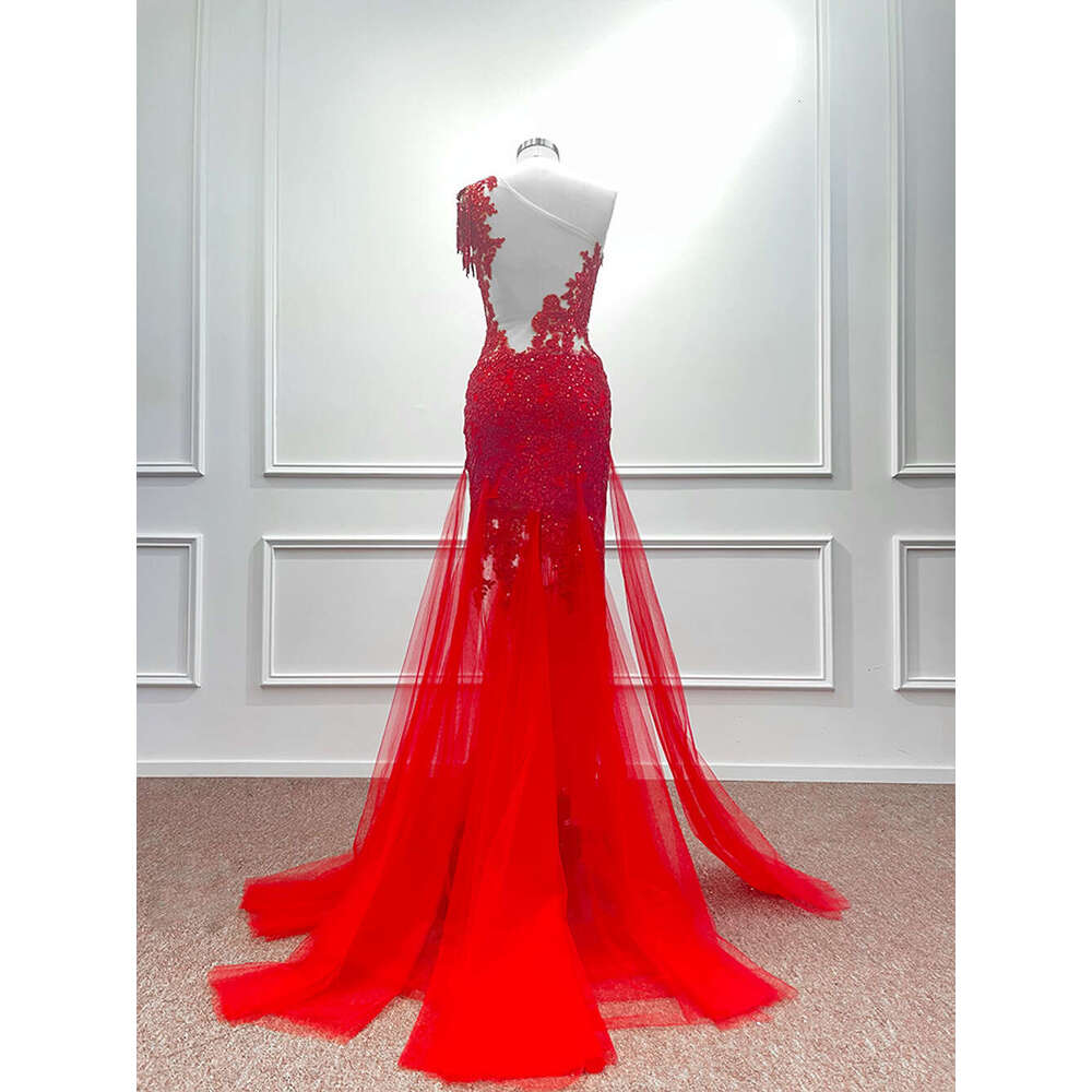 Red Charming Lace Evening Dreses One Shoulder Beading Sequined Mermaid Long Formal Prom Party Gowns Women Vestido De Fiesta