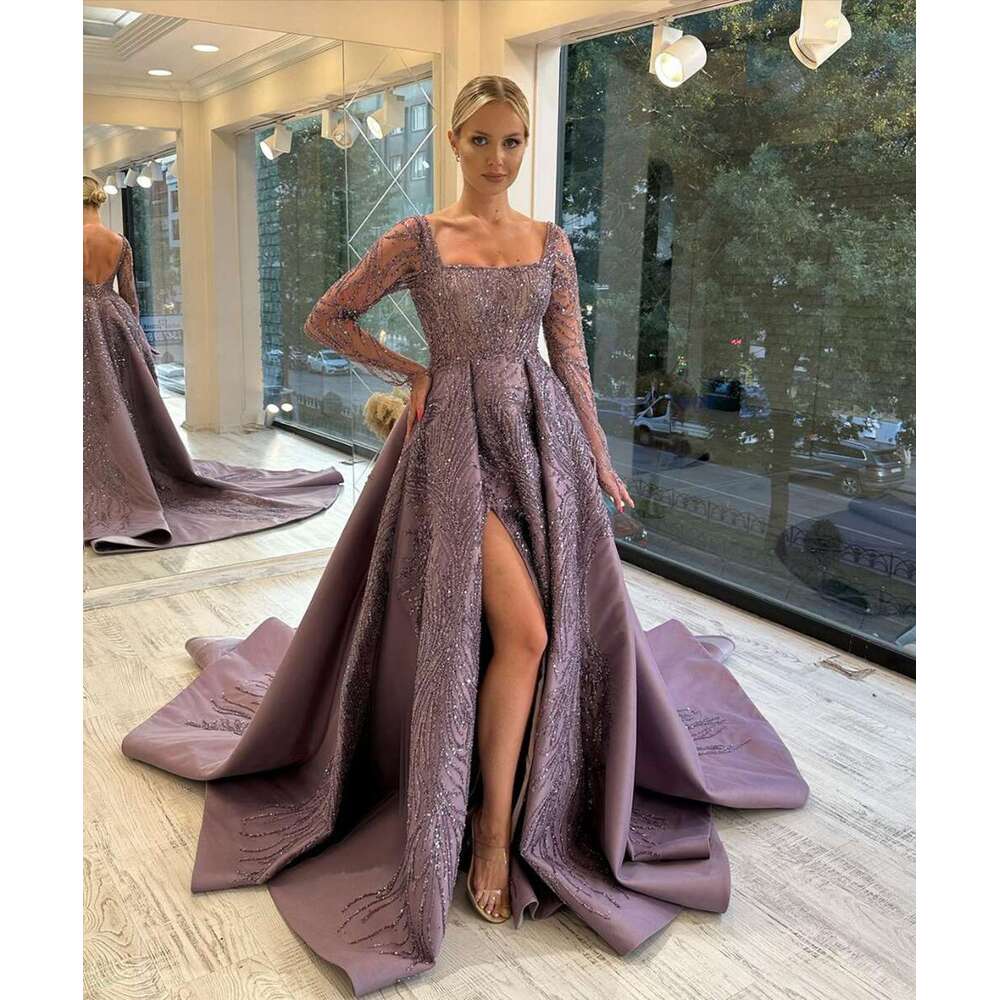 Purple Square Neck Wedding Dress Long Sleeves Backless Split Side Sweep Train Vintage Bridal Gown 0227Lz