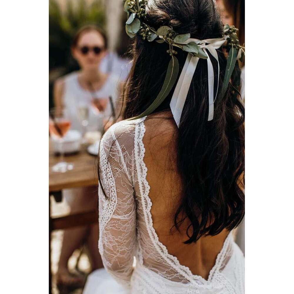 Lace Boho Wedding Dress With Sleeves Elegant Bateau Neck Embroidery Low Sexy V Back Bohemian Bridal Gown