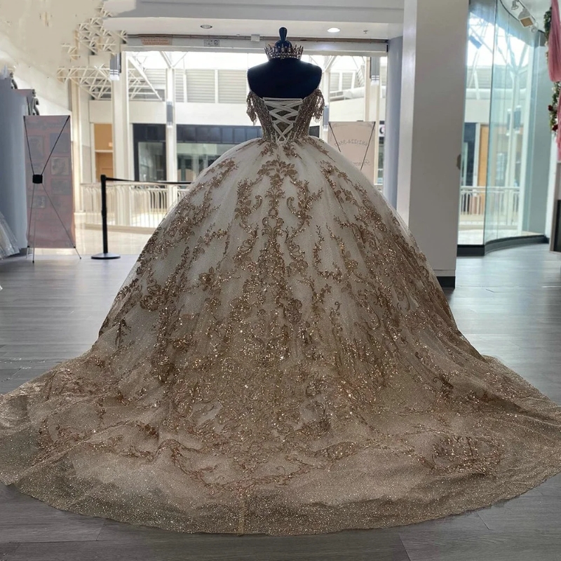 Light Champagne Beading Tassel Ball Gown Quinceanera Spaghetti Sequined Appliques Lace Tull Vestidos De 15 Anos Sweet 16 Dress