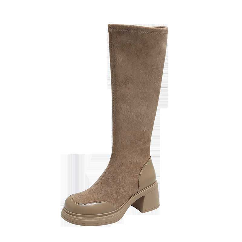 Thick Soled Long Tube Slim Martin Boots For Women Autumn New Style Fashion Boots Thick Heel High Tube Boots Look Slim Suede Elastic Long Tube Boots 24