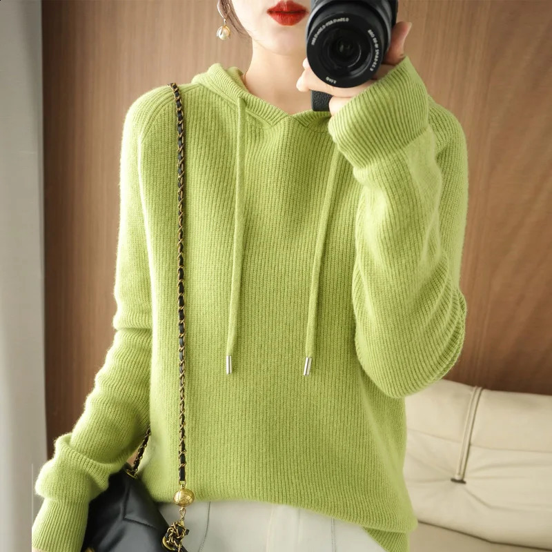 High quality cashmere hooded sweater for women loose knitted thick 240905