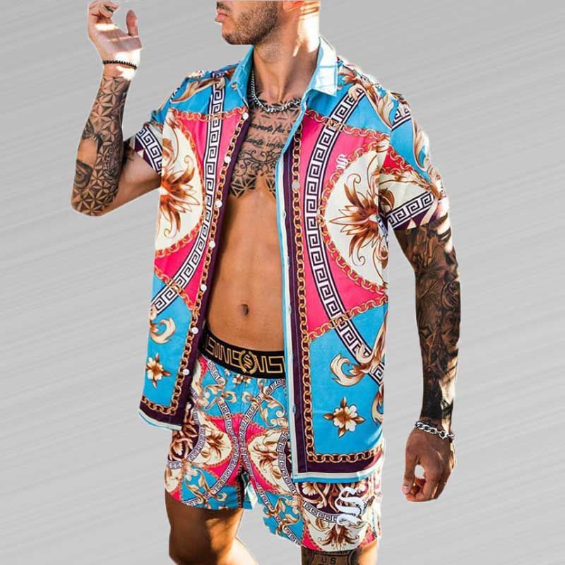 2024 Men Tracksuits Summer Shirts+Shorts Men Clothing Color Stitching Print Shirt Suit Casual Loose Shorts Beach Short Sleeve Set Bohemian blouse shor