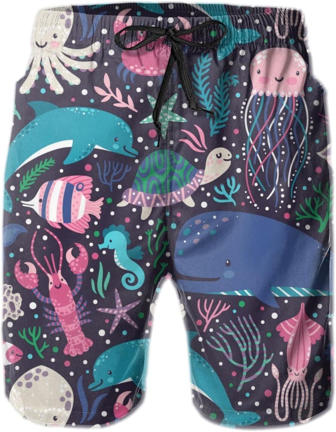 Mens Shorts 3D Printed Pattern Cute Sea Animals Swim Trunks Quick Dry Casual Beach Board Swimwear