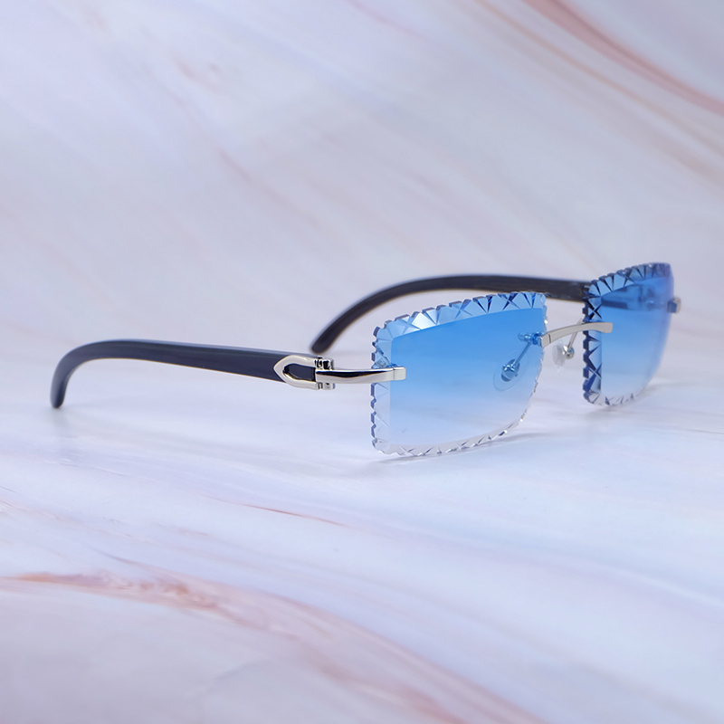Diamond Shark Cut Sunglasses Genuine Black Buffalo Horn Stylish Vintage Sun Glasses Rimless Mens Designer Carter Luxury Designer Shades Eyewear 012