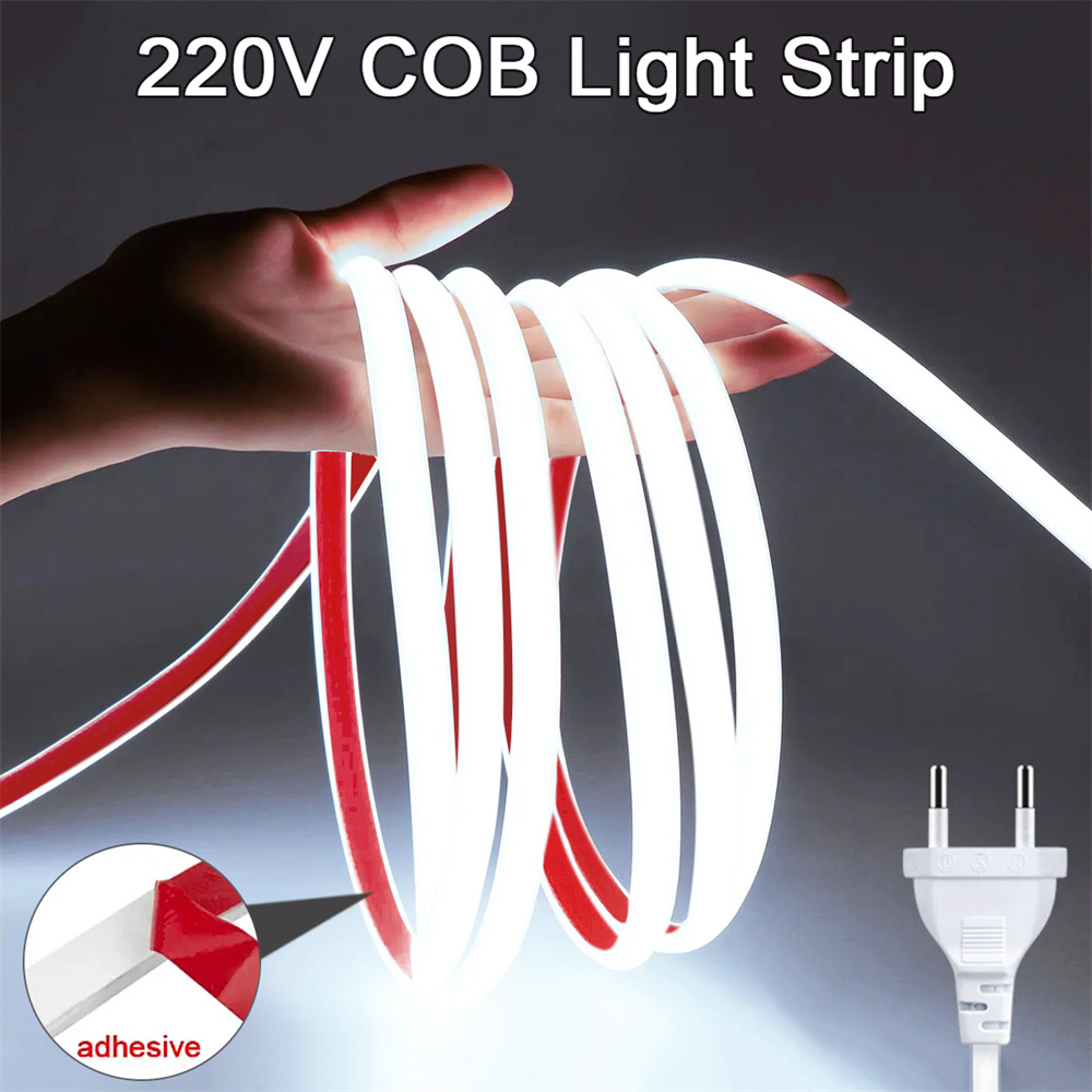 Led Strip Lights 220V High Brightness COB Led Strip IP65 Waterproof Adhesive Flexible Ribbon for Room Outdoor Garden Lighting