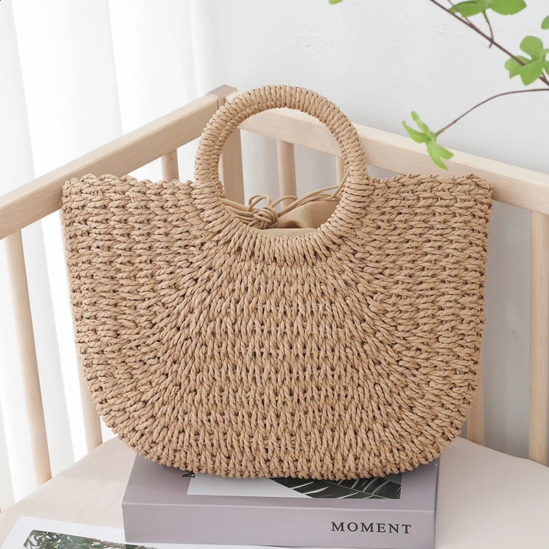 Summer Halfmoon Straw Bag For Women Handmade Portable Handbag Large Capacity Beach Basket Woven Tophandle Purse 241203