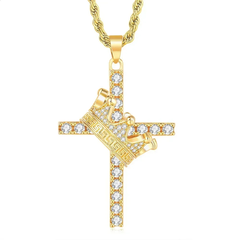 Y2K Hip-hop Cross Men Women Stainless Steel Fashion Gold Crown Zircon Pendant Light Necklace Jewelry Gift 240902