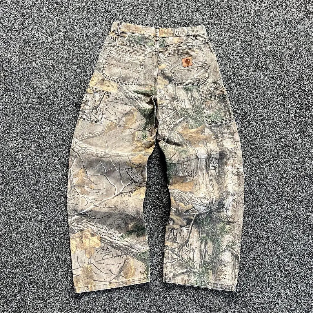 Y2K Harajuku casual jeans retro camouflage straight American fashion mens streetwear wide leg 240902