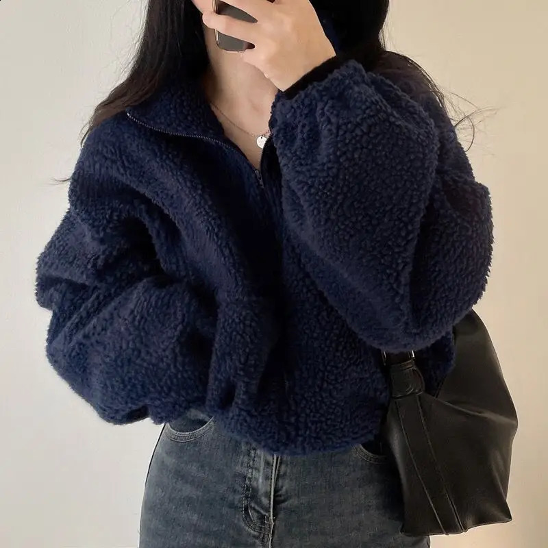 Deeptown Cropped Jacket Y2k Lambs Wool Ultra fine Thick Coat Korean Streetwear All math Womens Motorcycle Zipper 240905