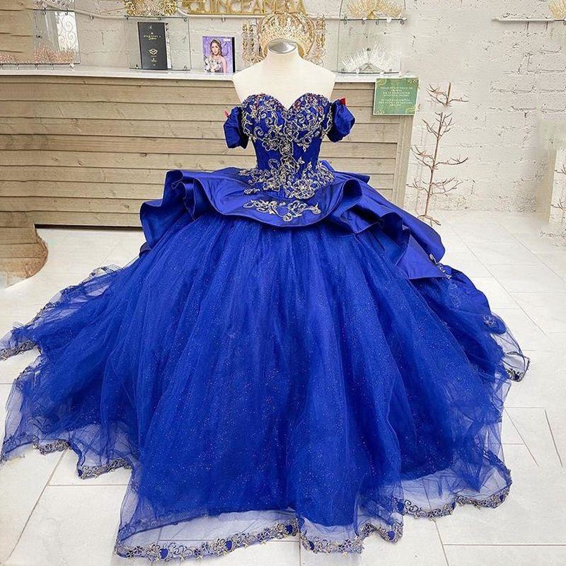 Royal Blue Quinceanera Dresses Sweetheart Princess Off the Shoulder Applique Lace Ball Gown Birthday Party Lace-Up Beaded Sweet 16 vestidos de 15