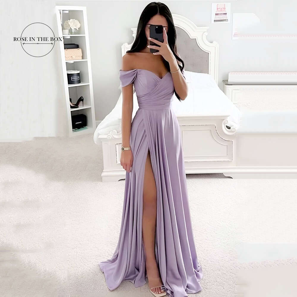 Women's Off The Shoulder Satin Bridesmaid Dresses For Long Pleated Formal Evening Party Gowns Elegant Slit Maxi Dress 0226Lz