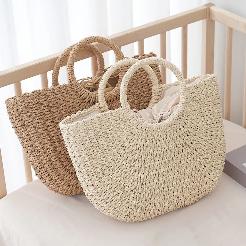 Summer Halfmoon Straw Bag For Women Handmade Portable Handbag Large Capacity Beach Basket Woven Tophandle Purse 241203