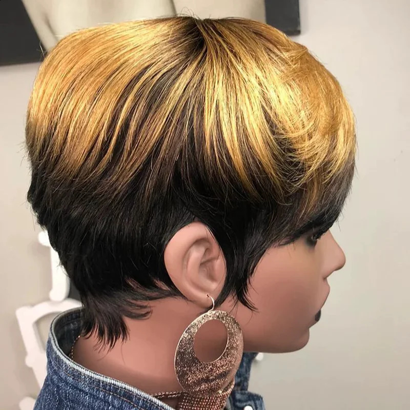 Ombre Color Pixie Cut Wig Full Machine Made Human Hair Wigs Pre Plucked Short Cut Bob Wigs Brazilian Remy Honey Blonde Wig 1B/27 240826