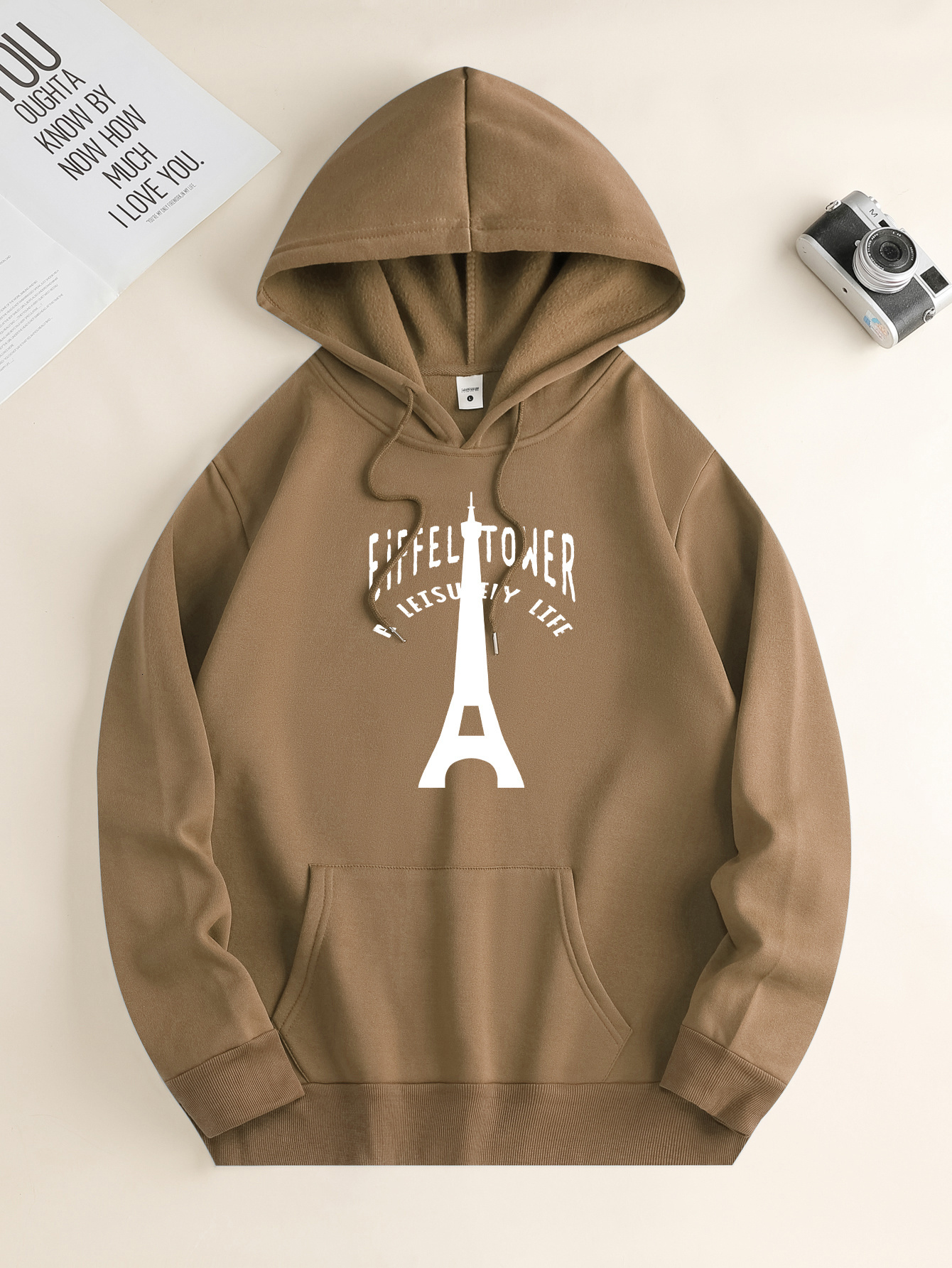 EIFFEL TOWER Graphic Print, Men's Fashion Casual Hoodie With Drawstring And Kangaroo Pocket Design, Comfy Long Sleeves Pullover Hoodie, Autumn An