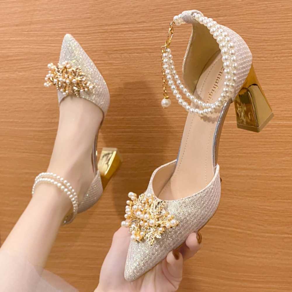 High Quality Shoes Women Summer High Heels Women Wedding Shoes Luxury Bride Gold Heels Mary Jane Shoes Ladies Pumps Sandals Womens Shoes T241227