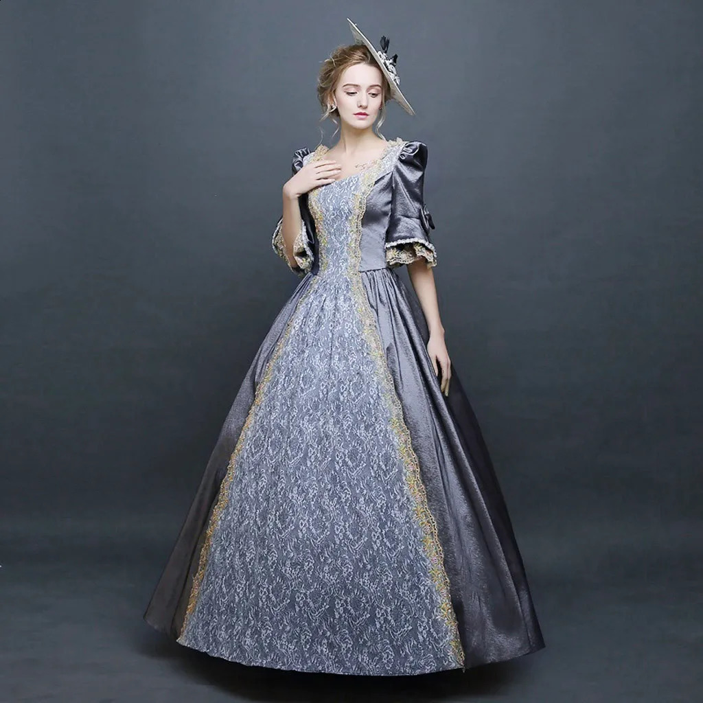 Elegant temperature lace princess dress medieval lace patch work high waisted dress 2024 Halloween costume 240904