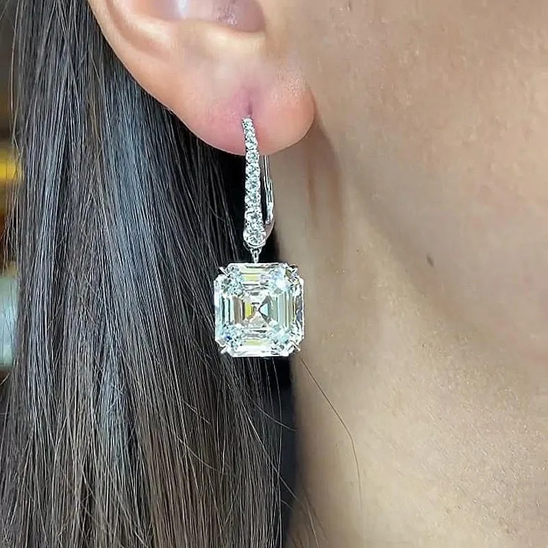 Sterg Sier Dangle Earrings for Women, Princess Cut White Topaz Jewelry, CZ Eternity Wedding Drop Earring Gift