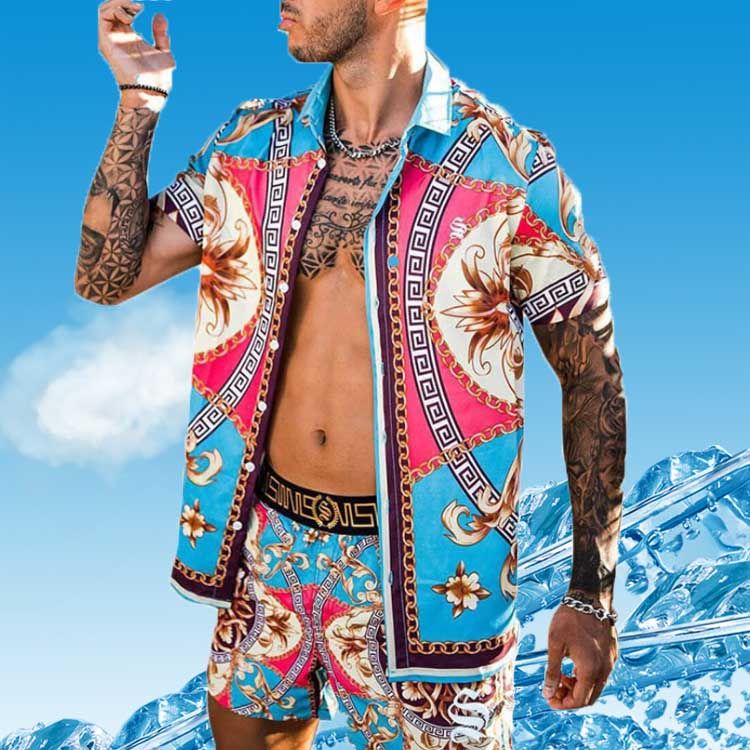 2024 Men Tracksuits Summer Shirts+Shorts Men Clothing Color Stitching Print Shirt Suit Casual Loose Shorts Beach Short Sleeve Set Bohemian blouse shor