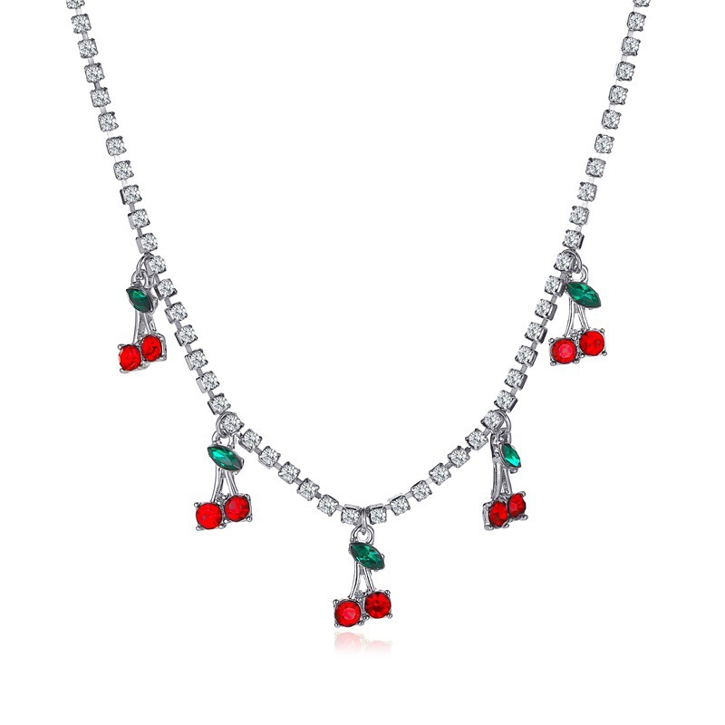 Fashion Bohemian Cherry Choker Necklace Gold Cz Hip Hop Tennis Chain Necklace for Women Tiny Rhinestone Cherry Pendant Necklace Jewelry for Women Gift