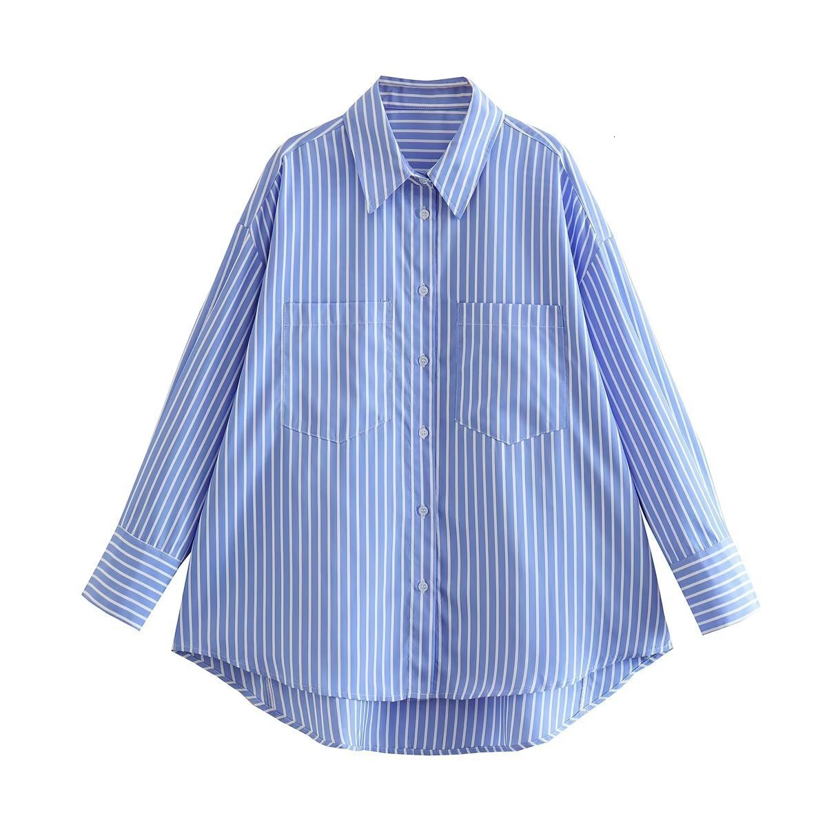 Spring New Womens Style 28 Pocket Decorative Lapel Long Sleeved Shirt Top 84 Blue and White Stripes