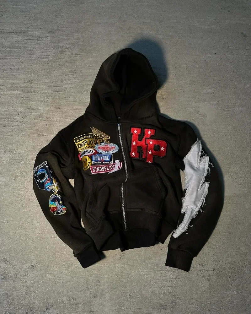 Y2k Hip Hop Alphabet Embroidered Oversized Sweatshirt Mens Gothic Fashion Retro Trendy Street Harajuku Zipper Hoodie Womens 240904