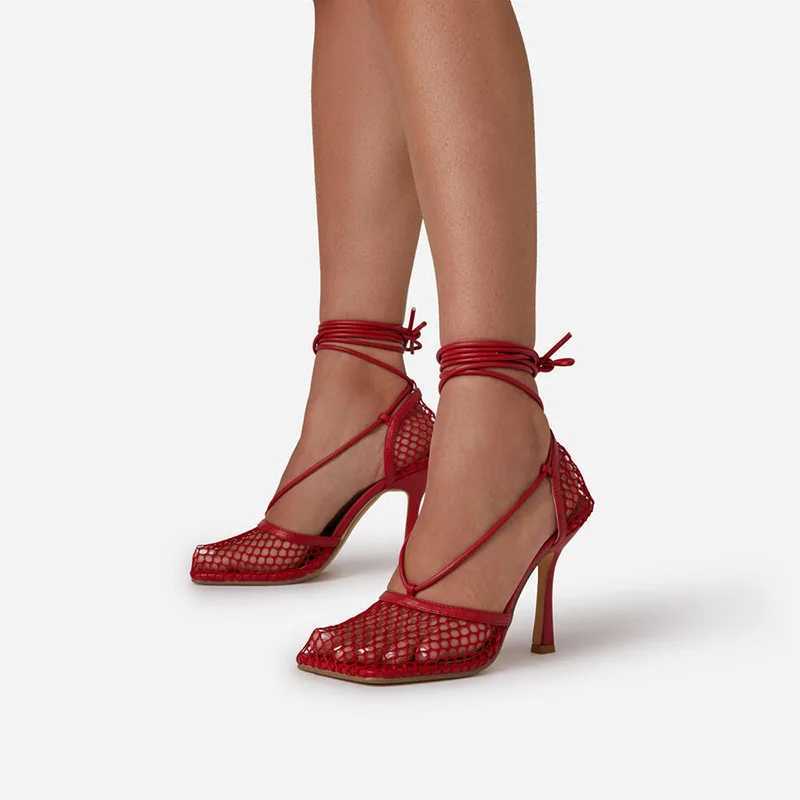 2023 new sexy yellow silk mesh pump sandals womens square toe high-heeled lace cross tie thin high-heeled hollow dress sandals summer sandals CL240905