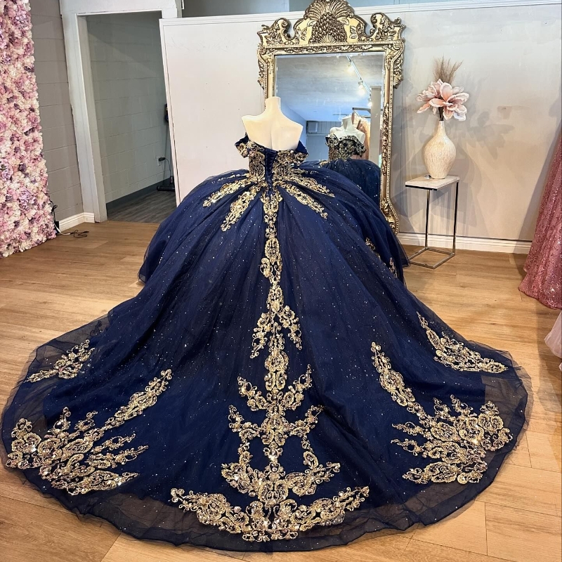 Navy Blue Shiny Quinceanera Ball Gown Off Shoulder Gold Lace Applique Beading Tiered Corset Sweet 16 Dress Vestidos De 15 Anos