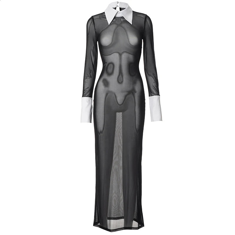 CUTENOVA Womens 2024 Black Elegant Polo Neck Long Sleeve Splicing Transparent Ultra Thin Dress Day Spring Leisure Set Simple Dress 240904