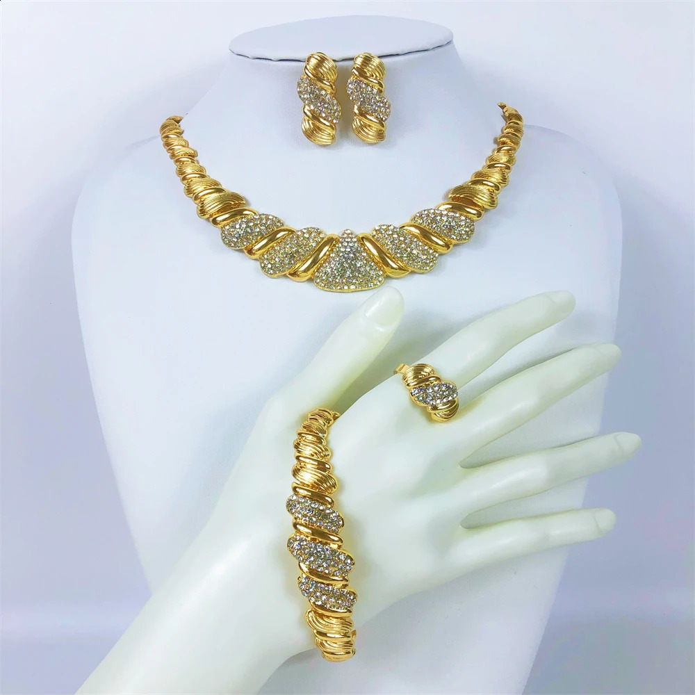 ESALE Trendy Dubai Gold Plated Jewelry Set Italy Ladies Cubic Zirconia Necklace Women Bracelet Earrings African Wedding Jewelry 240903