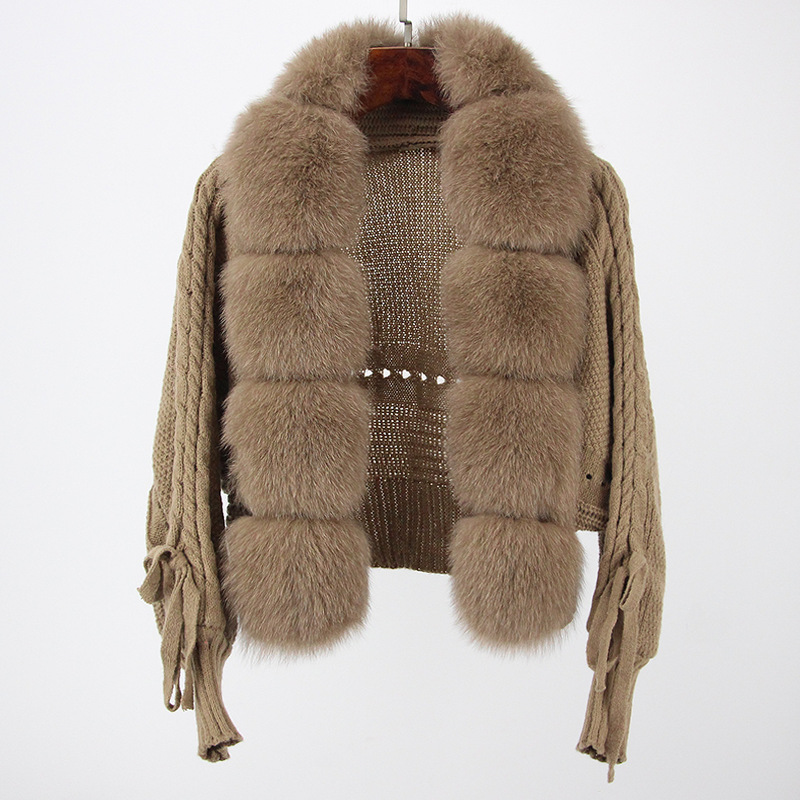Womens Knitted jacket Fur collar coat White high-end Real fox hair Winter Women fashion short jacket