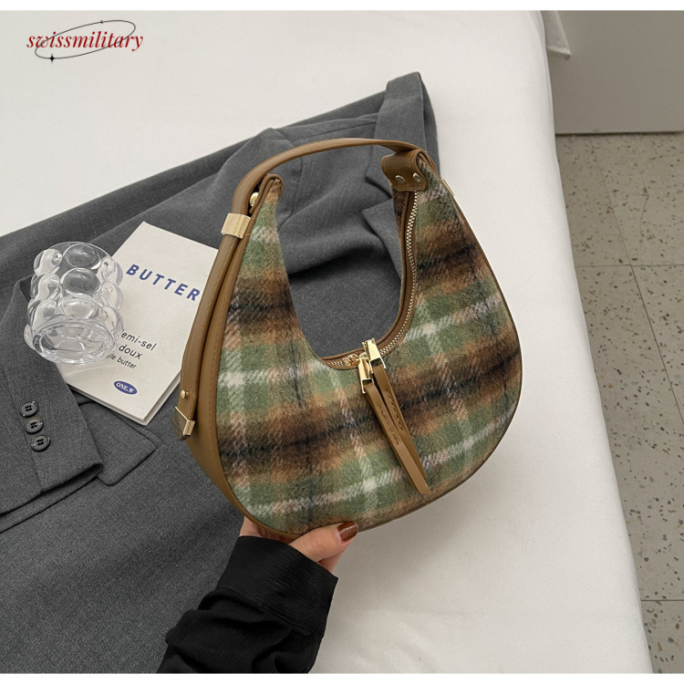 Swissmilitary Niche Design Women's Autumn/Winter 2024 New Fashion Plaid Handheld Shoulder Premium Woolen Crescent Bag #26