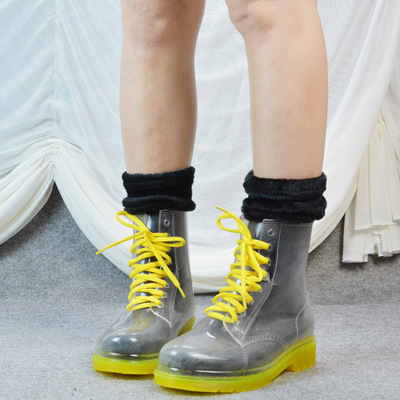 new Fashion Women Transparent Rain Boots Rubber Lace Up Women Ankle Boots Waterproof Casual Comfort Ladies Boots Shoes