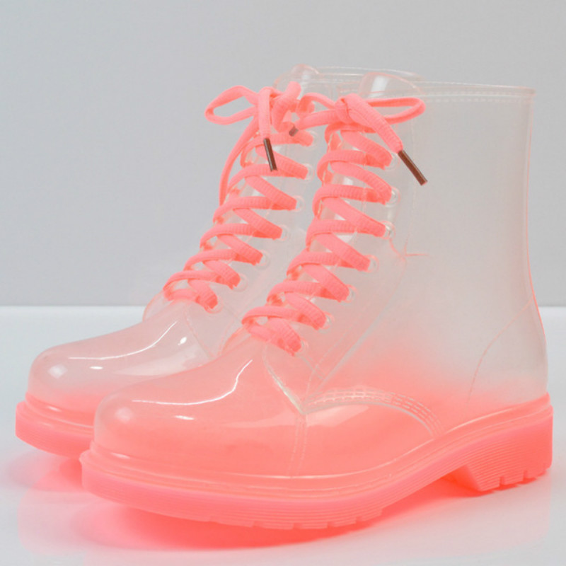 Ankle Rain Boots Platform Lace Up Transparent Waterproof Rain Shoes Motorcycle Candy Colors Rainboots Fashion Woman Shoes