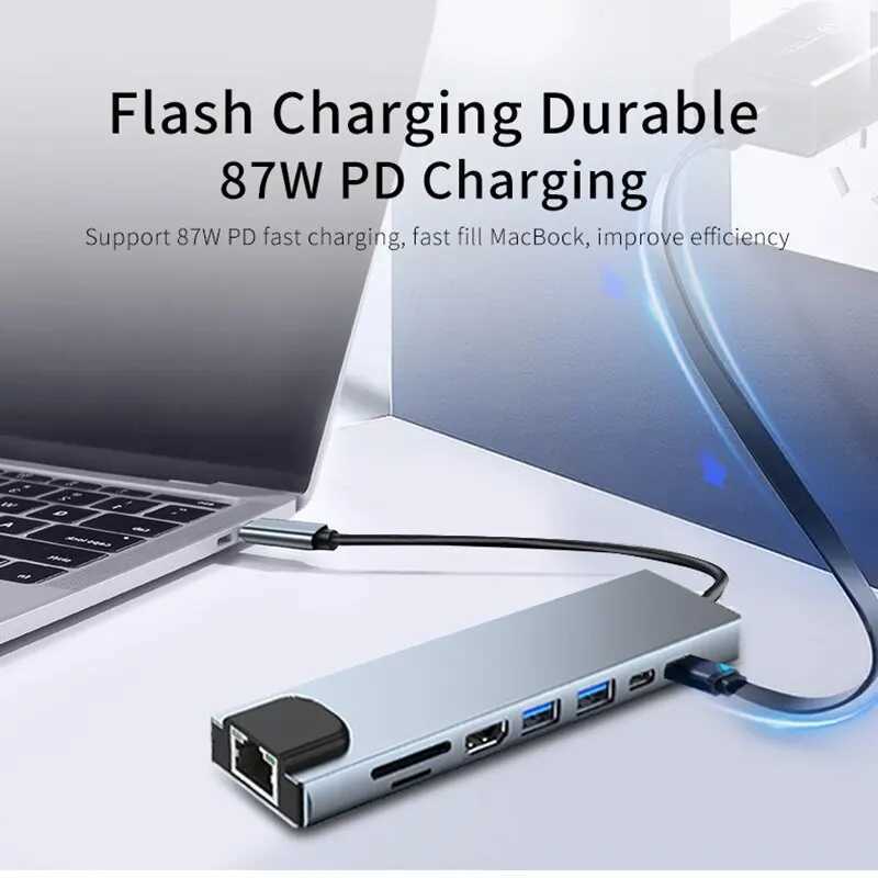 USB 8-in-1 Type C 3 1 to 4k HdTV Hub Adapter with Sd Tf Rj45 Card Reader Pd Fast Charging Suitable for Macbook Laptops CL240905