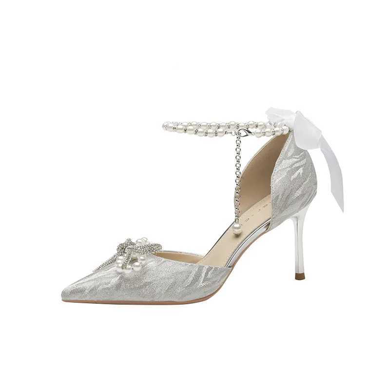 High Quality Sier Heels Bow Shoes Womens Trend Elegant High Heels Pump Pointed Toe Bling Pearl Party Womens Wedding Dance Shoes T241024