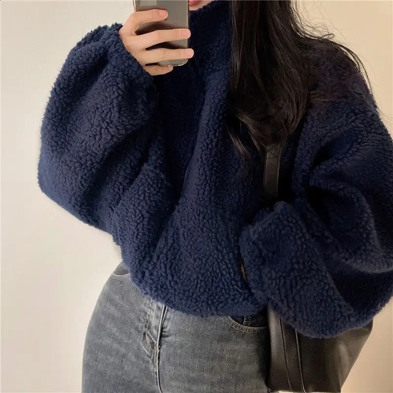 Deeptown Cropped Jacket Y2k Lambs Wool Ultra fine Thick Coat Korean Streetwear All math Womens Motorcycle Zipper 240905