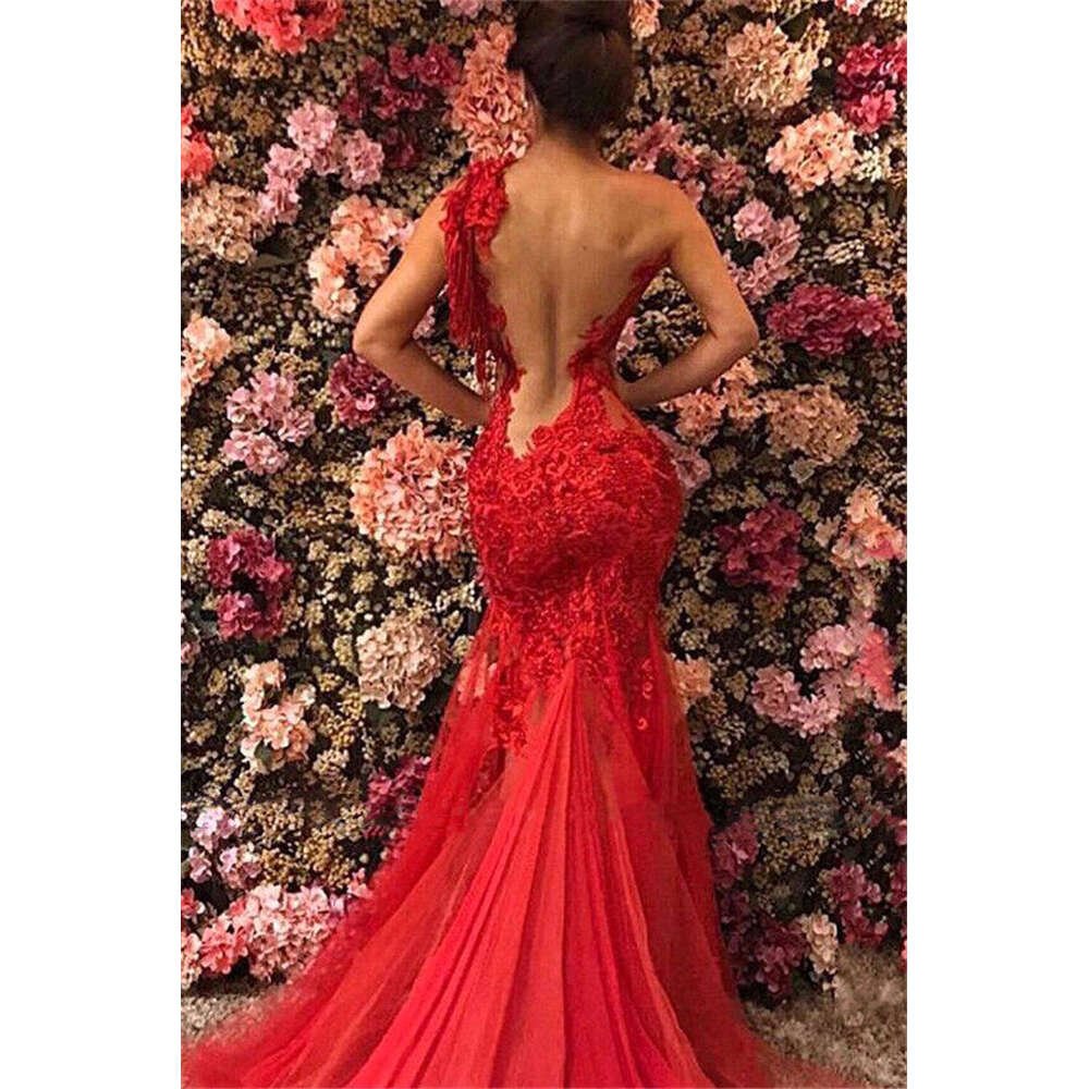 Red Charming Lace Evening Dreses One Shoulder Beading Sequined Mermaid Long Formal Prom Party Gowns Women Vestido De Fiesta