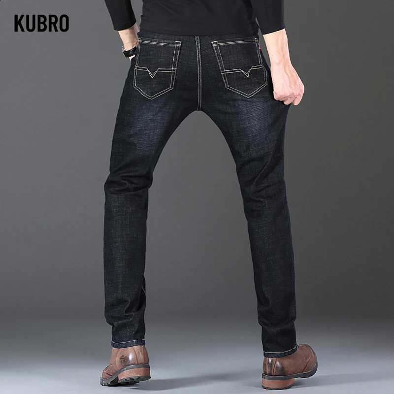 KUBRO mens thick winter pants straight blue jeans pockets casual work denim high elasticity wide leg selling 240905