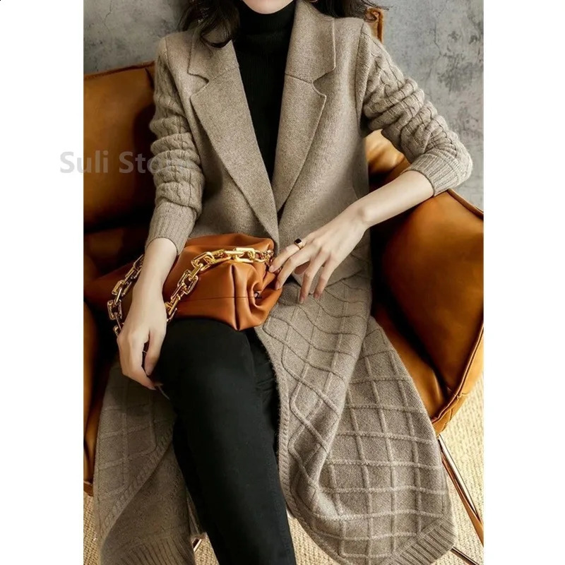 European long cashmere cardigan womens autumn and winter item knee slimming thick wool coat knitted sweater 240905